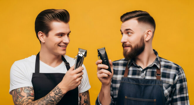Two barbers comparing professional electric clippers. Modern haircut, beard care, and men's grooming concept. Hairdresser tools.