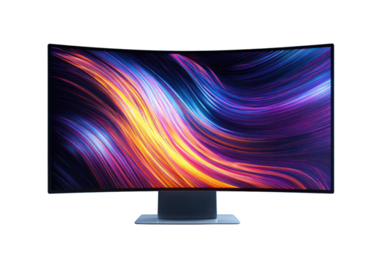 Curved monitor displaying vibrant, abstract light streaks, showcasing modern technology and design. background removed