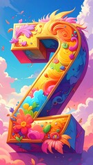 Colorful, ornate number two with floral and decorative details against a vibrant sky background