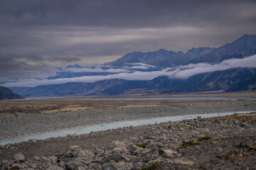 trekking rout where we can see turquoise lake ,snow cap mountain , Glacier ,iceberg ,beautiful Aoraki mt. Cook Hooker Valley track and Tasman lake glacier South Island New Zealand 