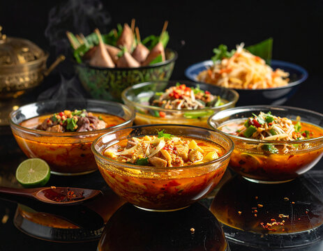 AI generated local Thai food with gaengtaipla gaengleung and sataw served hot in glass bowls on glossy black table with moody lighting