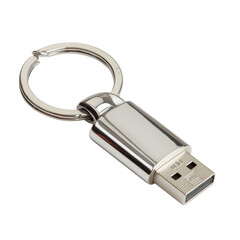 A silver metal USB flash drive attached to a keyring, portable and convenient. background removed