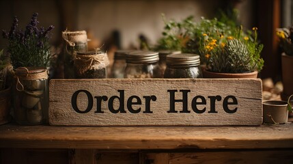 Rustic wooden order here sign on cafe counter with plants.