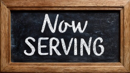Now serving written on chalkboard with wooden frame.