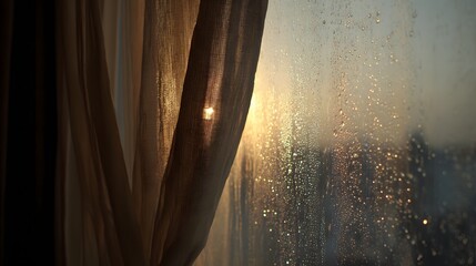 Rainy window with soft morning light through curtain.