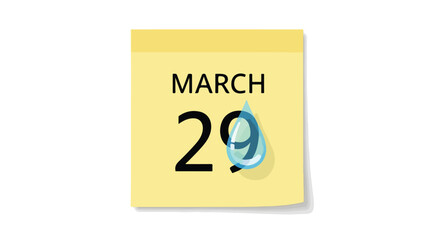 March 29th calendar date with a stylized raindrop, isolated on a white background, symbolizing weather events or water awareness related to the date