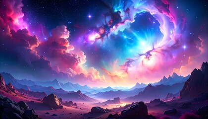Colorful, otherworldly landscape with vibrant clouds and stars
