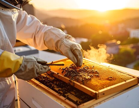 Beekeeper working with honeycomb frame at sunset