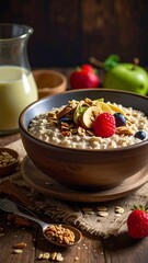 A bowl of oatmeal topped with fruit and granola