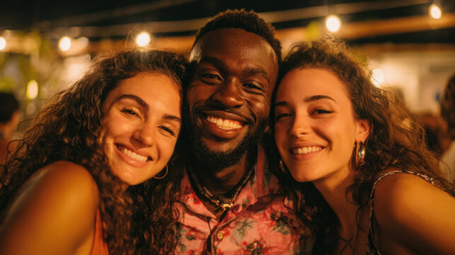 Smiling group of friends posing together at a vibrant outdoor gathering with warm string lights in the background creating a joyful atmosphere. - Powered by Adobe