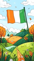 Irish flag over a scenic landscape