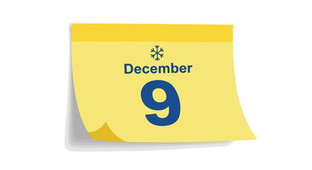 Conceptual illustration depicting December 9th on a yellow calendar page, emphasizing winter date marking and scheduling reminder, vector illustration