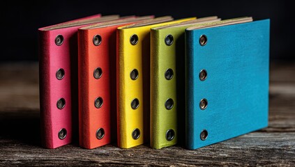 Colorful notepads on a rustic wooden surface