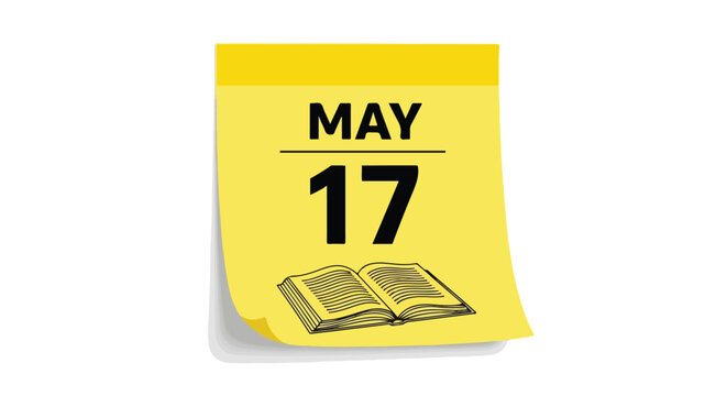 Calendar page for may 17 with open book illustration symbolizing education and events date marked for literary celebration or academic achievement