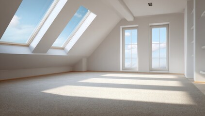 Fototapeta premium Empty attic room with large skylights