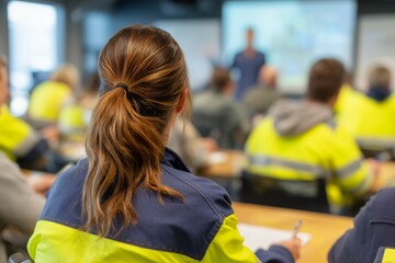 Back view of a woman attending a safety training session with colleagues in high-visibility clothing. Concept for occupational safety program, construction site training and industrial safety