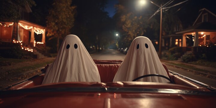 Two figures dressed as ghosts driving a red convertible at night on a street with houses, concept for halloween celebration and spooky season