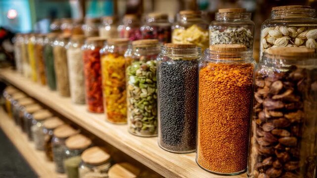 Medium shot of a bulk food refill station featuring vibrant jars filled with assorted colorful grains and nuts emphasizing ecofriendly sustainable shopping with reusable