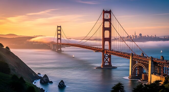Golden Gate Bridge illuminated by the warm glow of sunrise, with cityscape and fog creating a picturesque panorama