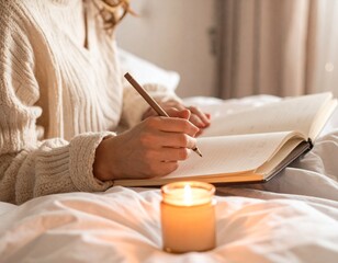 Self Care and Mental Health: A person journaling by candlelight in a cozy bedroom, soft focus, warm tones, introspective mood