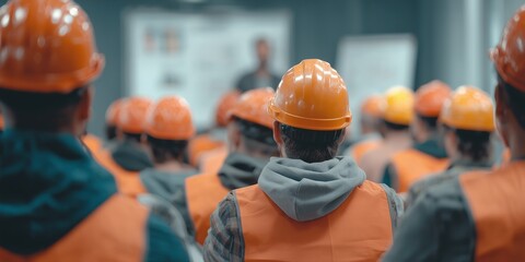 Workers in orange vests and hard hats attending a training session with a presenter in front. Concept for safety courses, industrial education and professional development