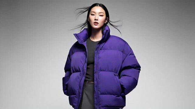 Stylish woman in a purple puffer jacket with windblown hair. Gray studio background, modern fashion photography.