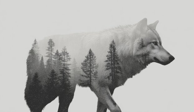 A grayscale double exposure of a wolf and a forest - Powered by Adobe