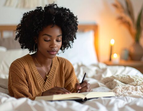 Self Care and Mental Health: A person journaling by candlelight in a cozy bedroom, soft focus, warm tones, introspective mood