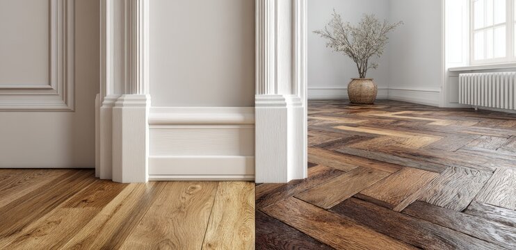 Elegant interior with two contrasting wood floors