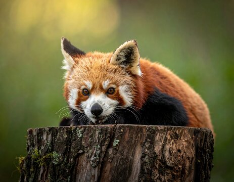 Red panda on tree stump, close-up - Powered by Adobe