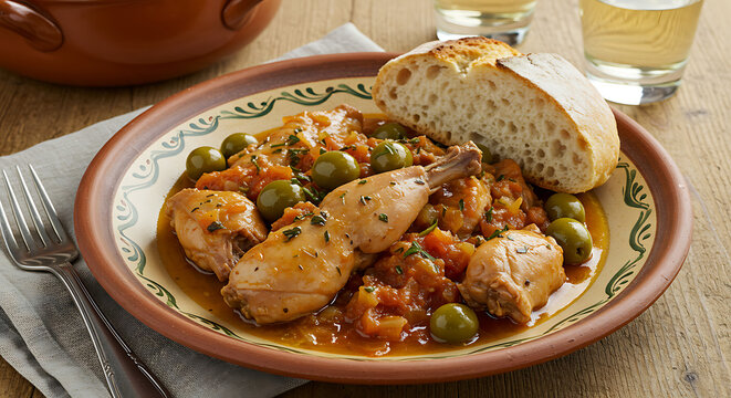 Rustic Chicken Drumsticks with Green Olives and Tomato Sauce, served with fresh bread. Mediterranean cuisine. - Powered by Adobe