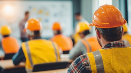 Rear view of construction workers wearing safety gear in a training session, concept for construction safety training, worker education and industrial skill development