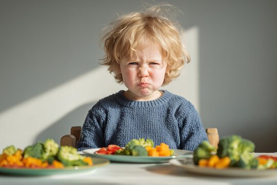 Blond toddler with an unhappy expression sitting at the table with plates of vegetables, concept for childhood nutrition resistance, healthy eating challenges and picky eater solutions