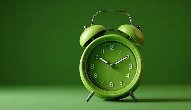 Vibrant green alarm clock on a solid green background