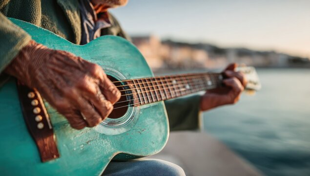 Close-up of weathered hands playing a teal-colored acoustic guitar by the water