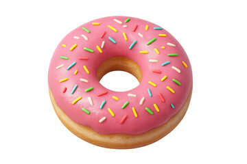 Pink iced donut with colorful sprinkles on transparent background