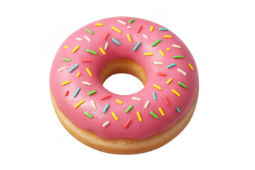 Pink iced donut with colorful sprinkles on transparent background