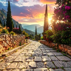 Ancient path at sunset through mountains
