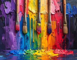 Colorful paint drips from paintbrushes