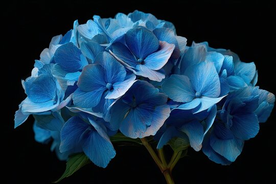 Vibrant blue hydrangea cluster against black background