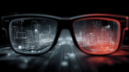 Cityscape View Through Glasses With Augmented Reality Overlays Depicting Digital Architecture and Technology Concepts