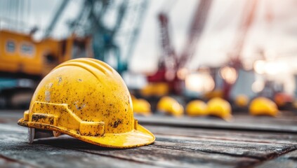 Yellow safety helmet on wooden planks, industrial background