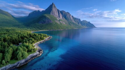 Aerial View of Lush Green Island with Rocky Mountain and Turquoise Blue Water Under Bright Sky in Cinematic HDR