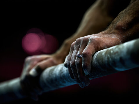 Strong hands gripping a gymnastics bar with chalk dust illuminated by soft lights during an athletic performance showcasing dedication and skill in gymnastics.