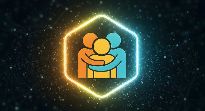 “Interstellar Community Core: A Symbol of Unity and Care in a Neon Hexagon”