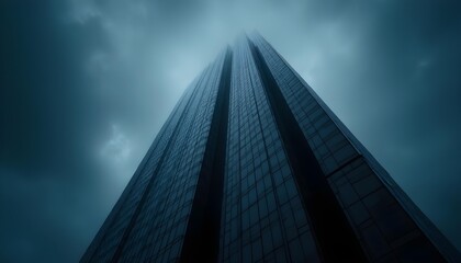 Tall Dark Building Disappearing Into Gloomy Cloudy Sky