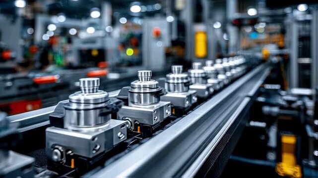 Medium shot of automated machines tightening tiny screws on eyewear frames highlighting mechanical accuracy with softfocus surroundings.