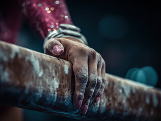 Gymnast gripping uneven bars in competitive setting with dust and glittery attire highlighting athletic focus and strength during routine performance.