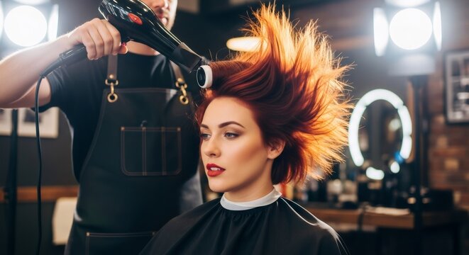 Man hairdresser drying woman red hair. Hair styling with blow dryer. Professional salon barber service, beauty treatment concept.