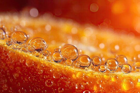 Close-up of citrus slice with water droplets and bubbles